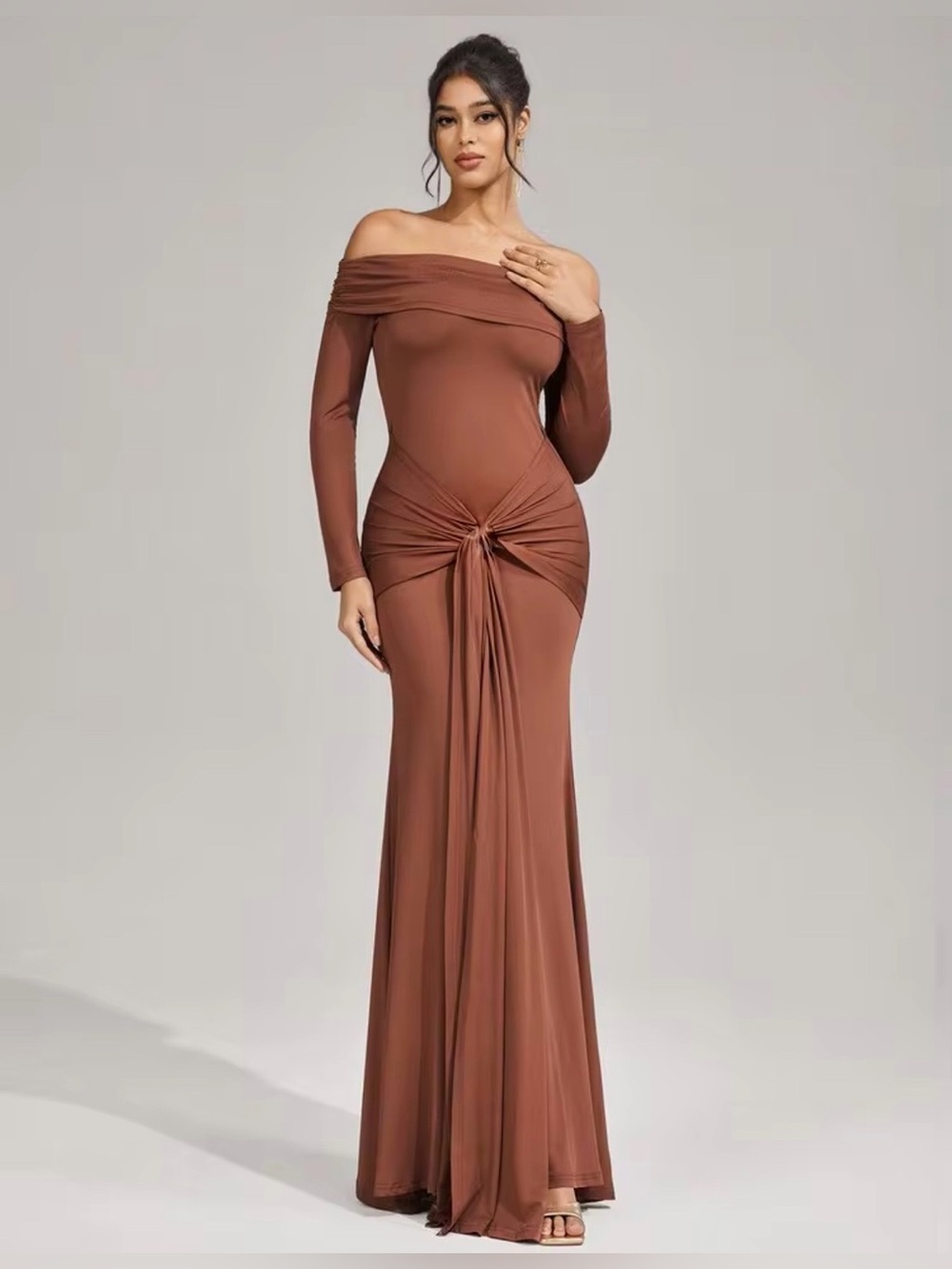 SHEIN One-Shoulder Knot-Front Maxi Dress in Brown